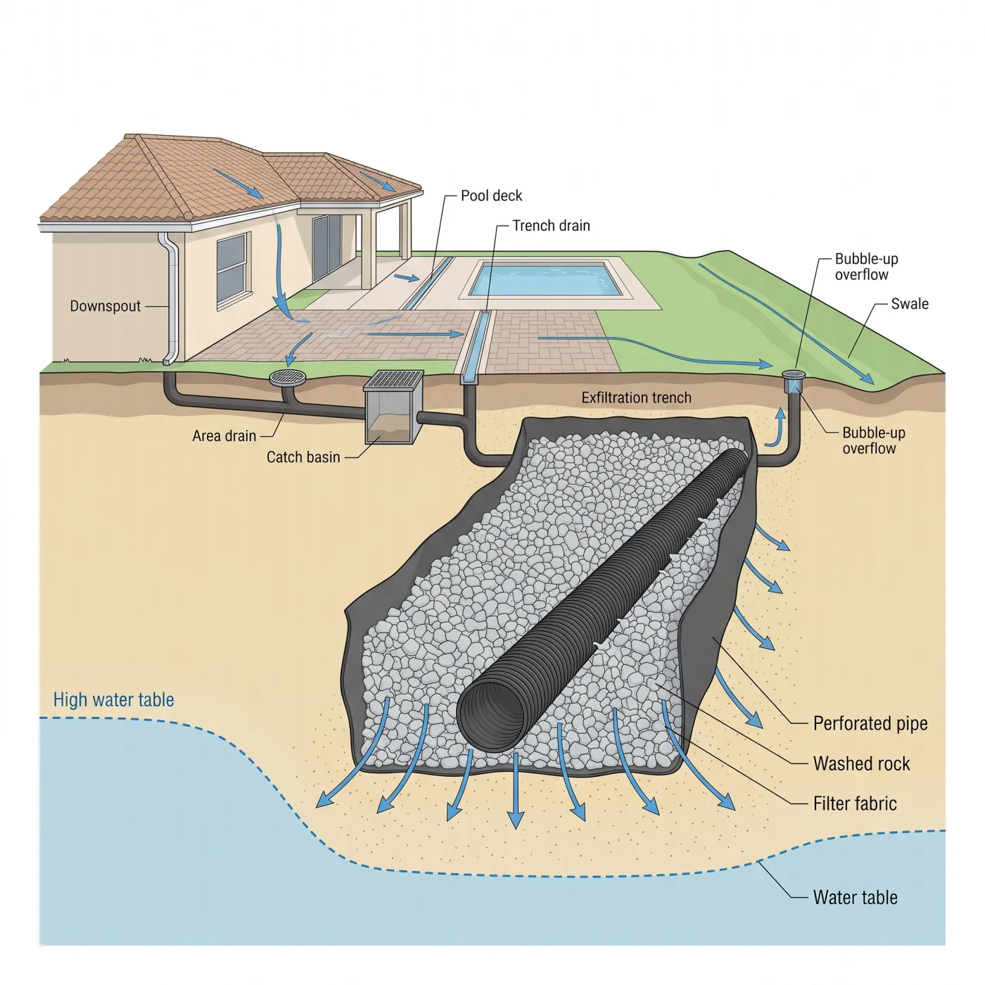Cross-section diagram of a residential drainage system in Palm Beach County showing a downspout, area drain, catch basin, pool deck trench drain, exfiltration trench with perforated pipe, washed rock and filter fabric, bubble-up overflow, swale, and the high water table